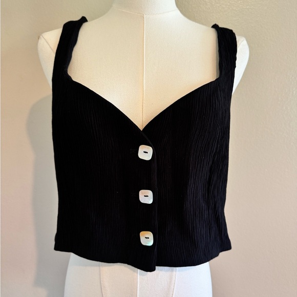 Jason Wu Black Textured Sleeveless Crop Top with Shell Buttons
